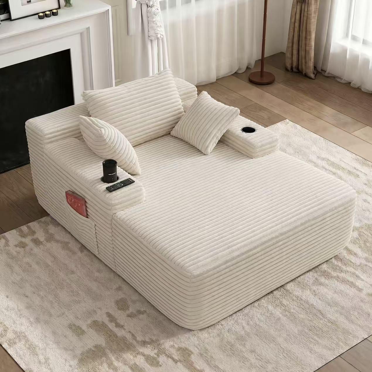 Beige Corduroy Fluffy Minimalist Oversized Boneless Cloud Modular Sectional Sofa - Fixed Arms, High-Density Foam, Built-in Storage, Cup Holder, Side Pockets, Tool-Free Setup, Included Pillows, Comfy Bean-Bag Feel, Apartment Use