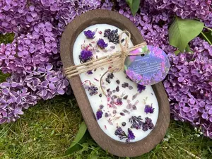 Lilac Soy Candle in Wooden Dough Bowl with Crystals & Wildflowers