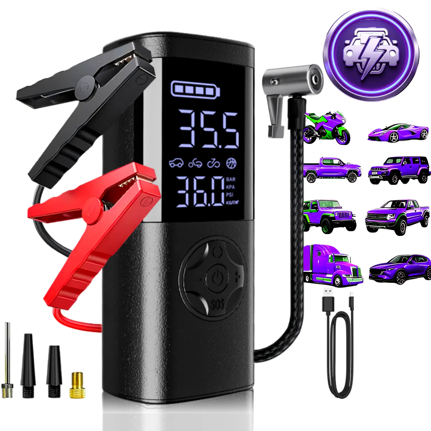 4-in-1 Car Jump Starter with Air Compressor, Tire Inflator, Portable Power Bank, Battery Booster Pack, LED Emergency SOS Light – All-in-One Roadside Kit for Dead Battery & Flat Tire,FathersDayGift