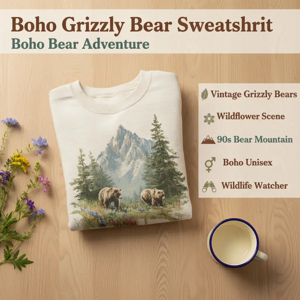 Women's Vintage Grizzly Bear Summer Wildflower Scene Crewneck Sweatshirt - 90s Bear Mountain Nature Gift, All Season Wear, Casual Streetwear Sweatshirt, Wildlife Watcher Boho Unisex