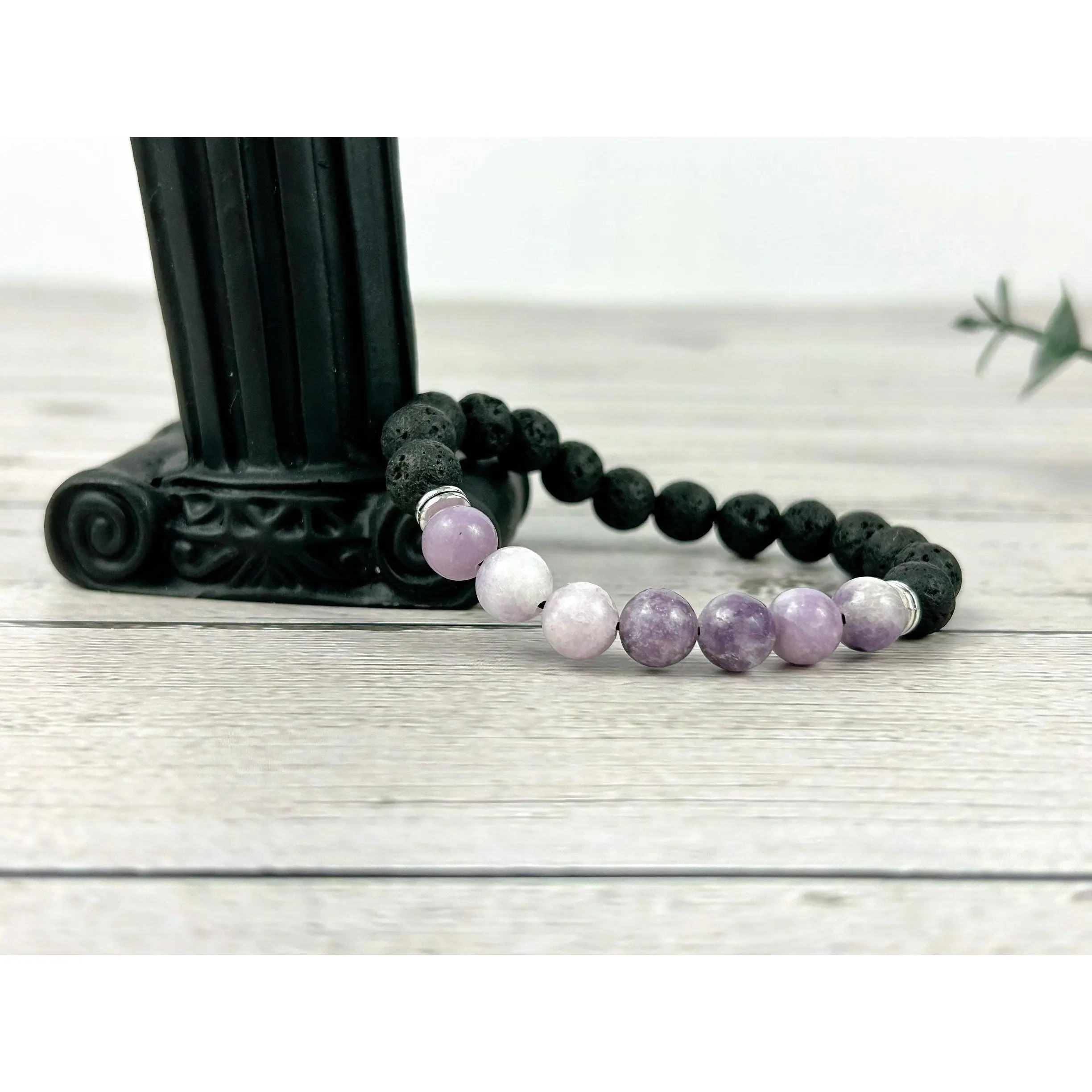 Lepidolite Bracelet with Black Lava Beads - Essential Oil Bracelet - Diffuser Bracelet - Purple Beaded Bracelet