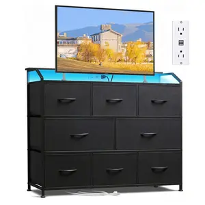 Sweetcrispy 8 Fabric Drawers Dresser with Power Outlets LED Light Multifunctional TV Stand Storage Cabinet for Bedroom Living Room Office Hallway