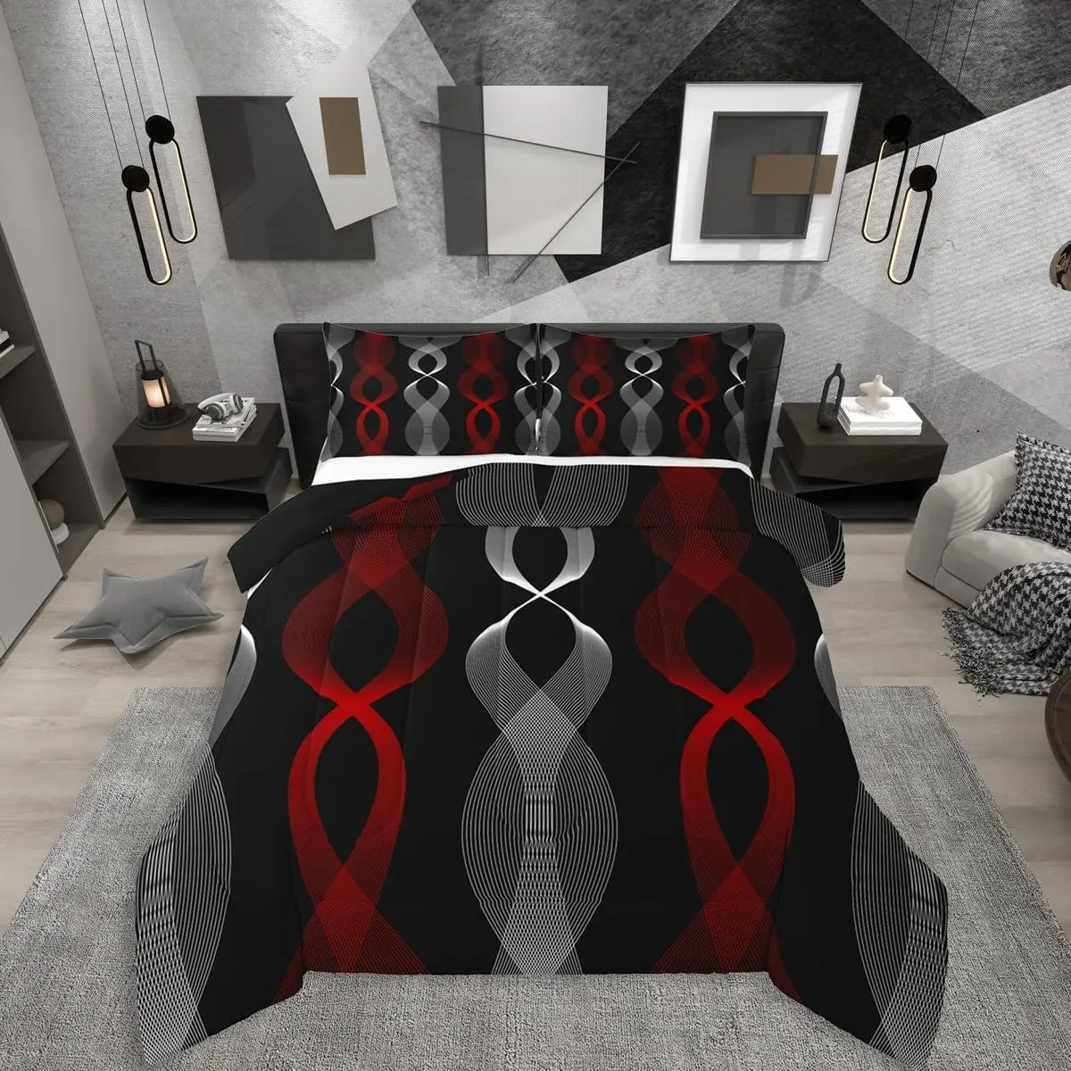Red and Black Bedding Set for Adults,Red Striped Comforter Set for Women Men Teens Adults Bedroom,Ombre Geometric Stripes Abstract Comforter,Contemporary Boho Modern Art Quilt