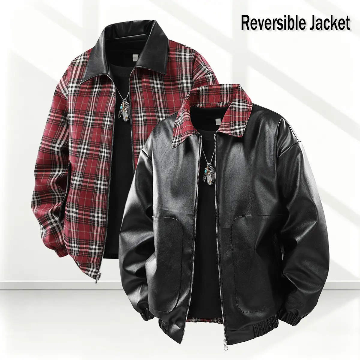 Men’s reversible jacket with a notched collar—one piece offering two styling options: smooth black PU faux leather on one side and retro red plaid fabric on the other. Great value and suitable for everyday wear across various occasions.