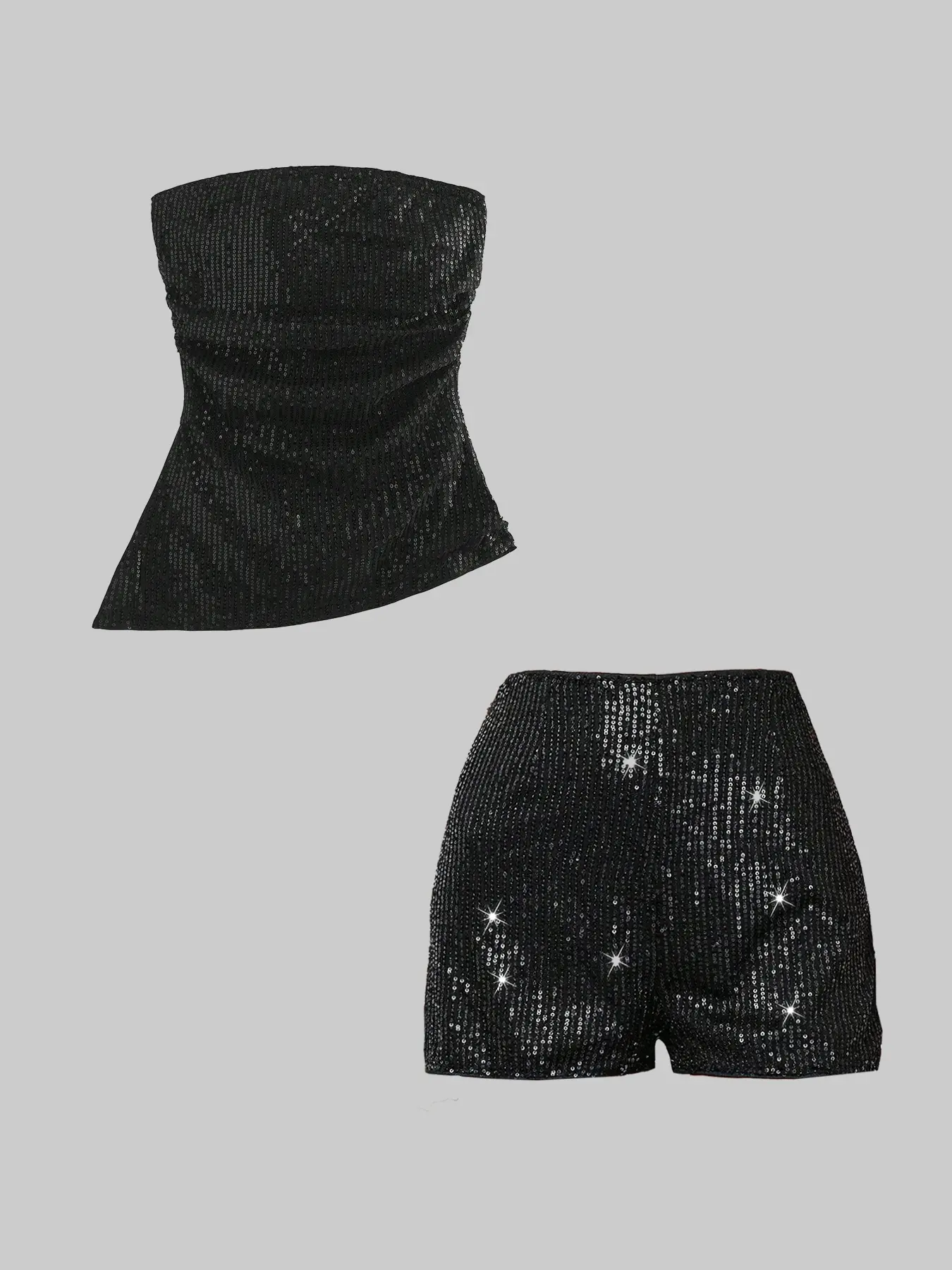 Women's Asymmetric Hem Top and Shorts Set with Sequins, Perfect for Parties, Christmas, Music Festivals, Holiday Celebrations