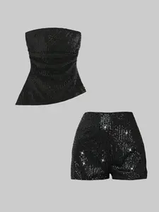 Women's Asymmetric Hem Sleeveless Slim Top and Shorts Set with Sequins, Perfect for Parties, Christmas, Music Festivals, Holiday Celebrations