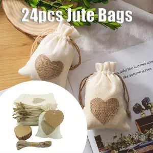 24 Pack Jute Bags with Drawstring & Heart-Shaped Gift Tags, Small for Filling, Cotton Bags, Ramadan Calendar, Jewellery, Wedding, Gift Bags, 13 X 18 Cm