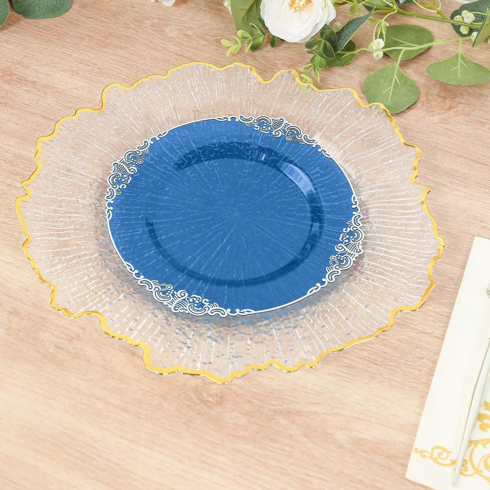 Elegant Plastic Round Plates - Disposable 8" Transparent Navy Blue 10-Pack with Silver Rim Embossed Leaf, Vintage Baroque Style for Weddings, Home & Party Disposable Tableware Supplies, Elegant Plastic Plates, Ten Pieces