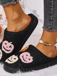 Women's Halloween Jack Skellington Pumpkin Slippers, Cute Dark Style Thick Sole Non-Slip, Comfortable Plush Home Shoes for Bedroom/living Room