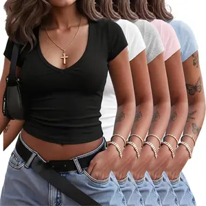 Women’s five-piece set: V-neck cropped T-shirt; cotton, soft, stretchy slim-fit short-sleeve top that flatters the figure; comfortable slim-fit basic undershirt for everyday casual wear.