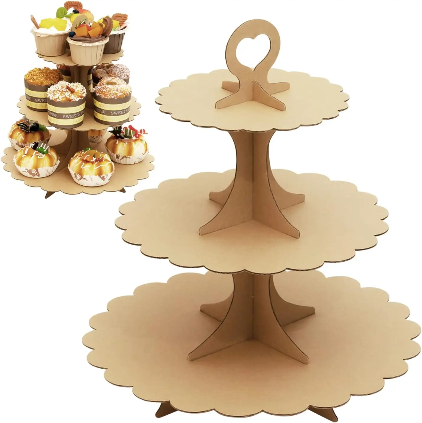 2-Pack  Paper 3-Tier Cupcake Stand, Cardboard Dessert Tower for Parties, Durable Cupcake Holder Display (Brown)
