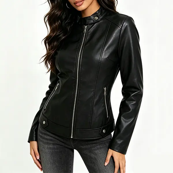 Spring/Autumn Women’s Short Stand Collar PU Leather Jacket — Motorcycle jacket with side zipper pockets and a waist-cinching design; pairs well with jeans for versatile styling
