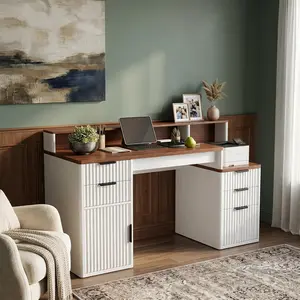 Rectangular Computer Desk with Hutch & Printer Stand – Ripple Door Design, Space Saving Home Office Desk, Sturdy Board Construction, Easy Assembly for Students