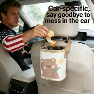 2026 Cartoon Bear Car Hanging Trash Bin, Cute Tulip Pattern, Adjustable Strap, Waterproof and Dirty Resistant Car Organizer, Car Trash Can