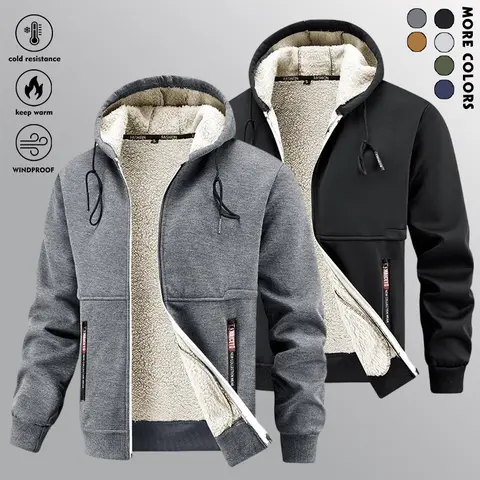 Men's Retro Solid Fleece-Lined Knitting Hoodie Jacket, Zip-Up with Hood & Pockets, Warm Soft Fabric, for Skiing & Outdoor Activities, Machine-Washable Cold Weather Apparel