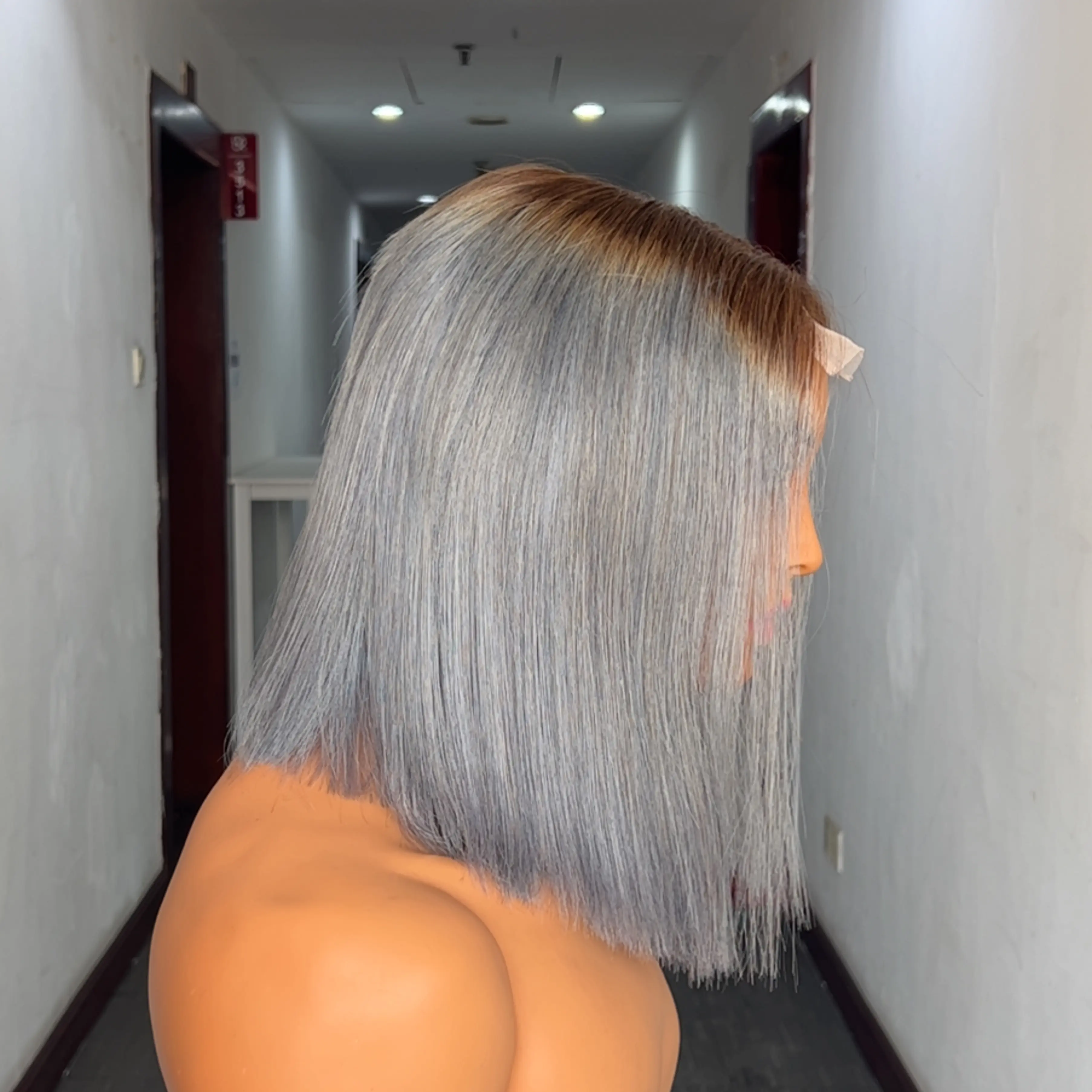 Double Drawn 2X6 Closure T4-Gray Short Bob Wig 250% Density Raw Brazilian Human Hair wig straight PrePlucked Transparent Lace Front Closure Wigs with Baby Hair
