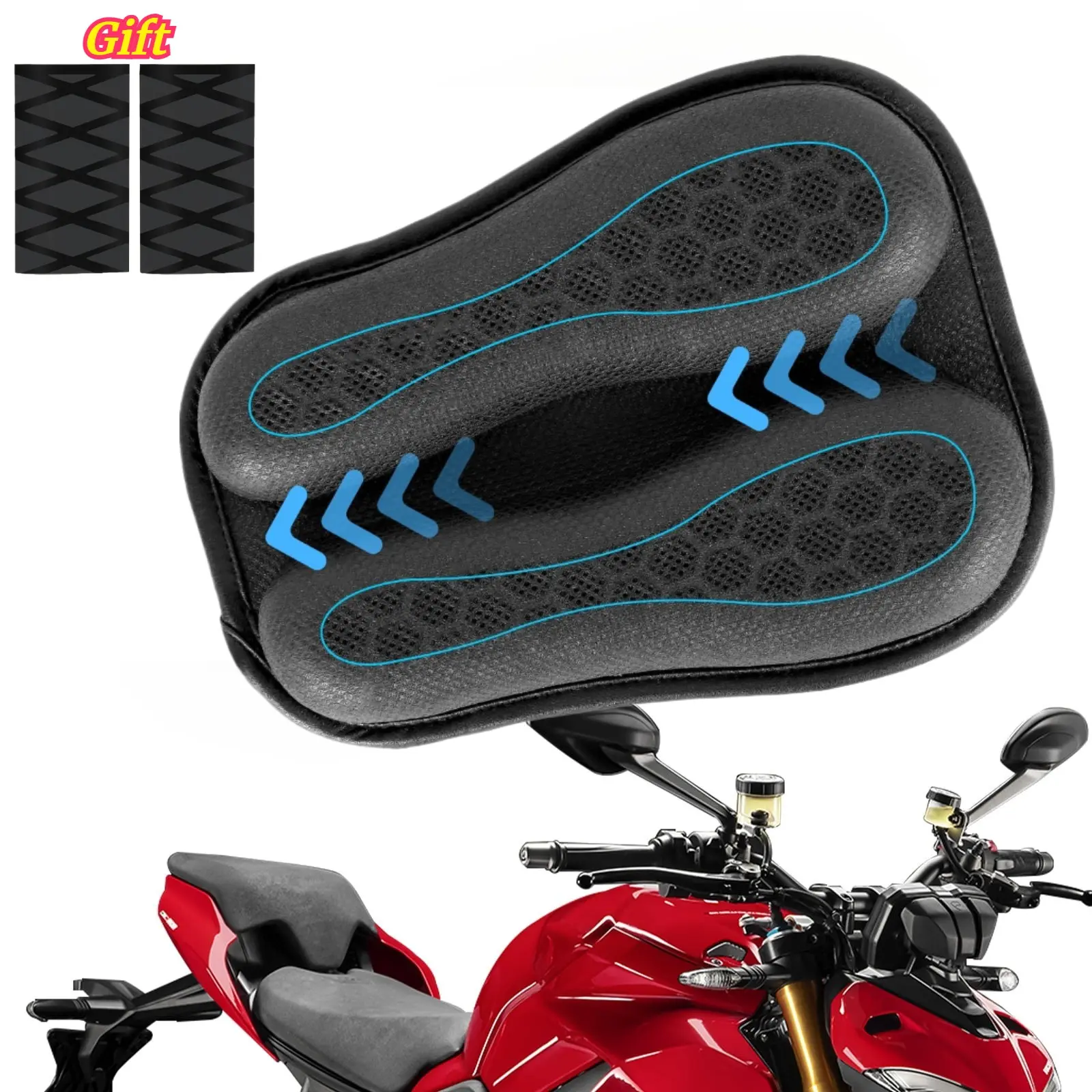 Universal 3D Honeycomb Breathable Motorcycle Gel Seat Pad, Shock Absorbing Comfort Long Ride Butt Protector, Anti-Slip Handle Grips Set