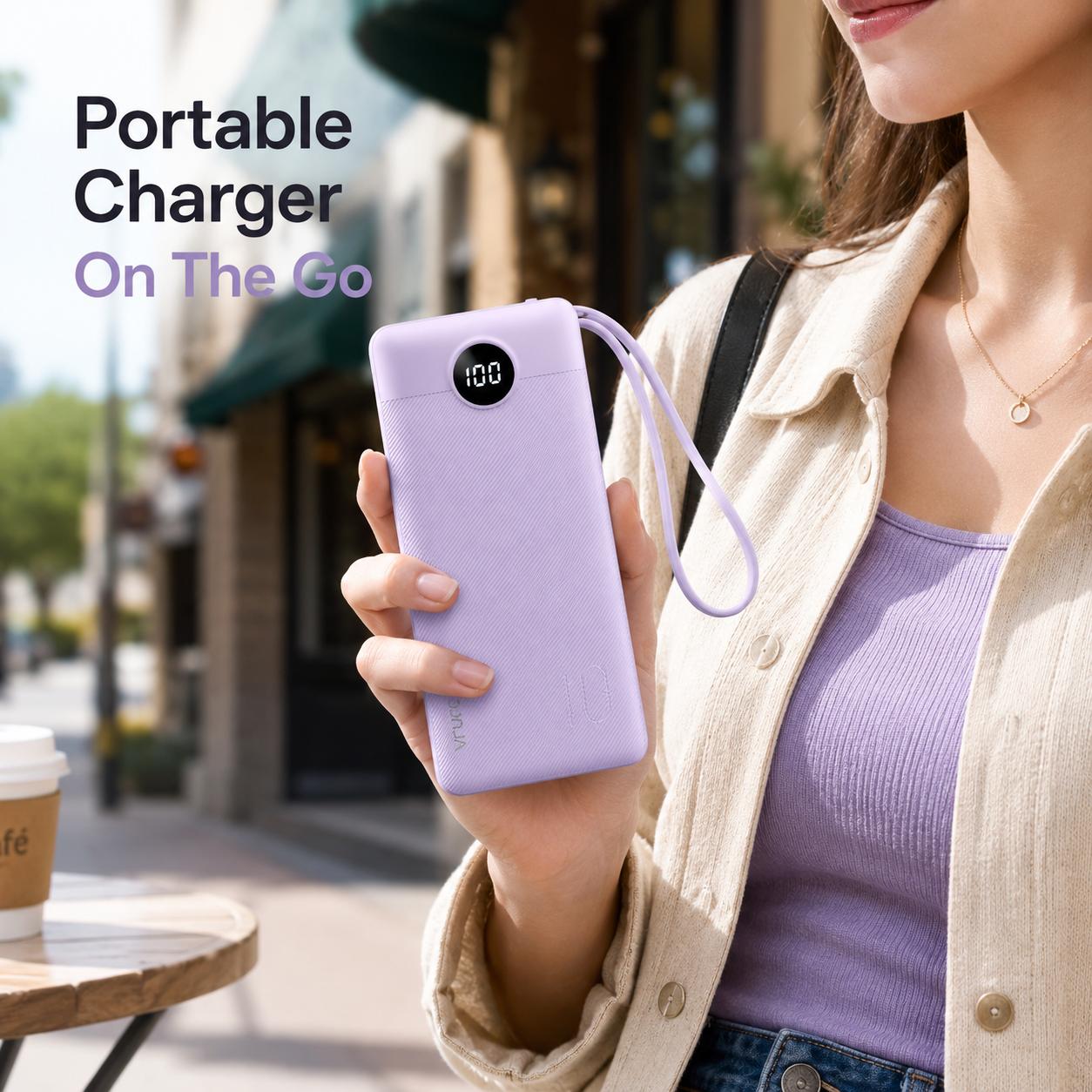 VRURC 10000mAh Portable Charger Power Bank with 4 Built-in Cables, LED Display, Lavender Accessory for iPhone, Samsung – Everyday Carry, Multiple Device Charging Essential, Accessories, Battery Power Bank, Rechargeable Tech