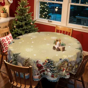 1pc, Christmas Themed Print Tablecloth, Golden Round Table Cloth with Santa Claus, mantel para mesa de comedor, Xmas Decor, Holiday Party Indoor Dining Decor, Rectangle Table Cover, Festive Home Kitchen Accessory Gifts