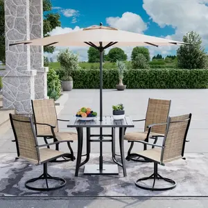 5 Piece Patio Dining Set, Outdoor Dining Table and Chairs Set For 4, 4 Swivel Chairs, 1 Iron Square Table With Adjustable Umbrella Hole (1.57"-1.97"), Patio Furniture Set For Deck, Backyard, Lawn, Poolside, Brown/Gray/Blue