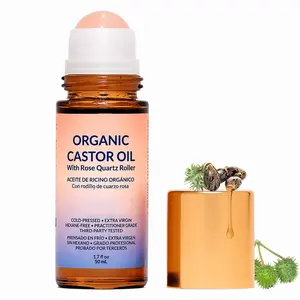 Travel-Friendly Organic Castor Oil, Leakproof Roll On Essential Oil with Rose Quartz Roller, Hexane-Free Massage Oil for Under Eyes & Body