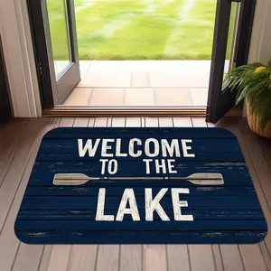 Dark Blue & White 1pc Welcome to The Lake Doormat - Nautical Oar Design, Non-Slip Rubber Backing, Machine Washable Indoor/Outdoor Mat for Entryway, Bathroom, Living Room, Kitchen, Vacation Home - 24"x16" & 30"x18", Lake Decor, Entryway Mat, Rustic Design