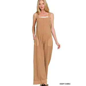 Zenana Knit Waffle Wide Leg Overalls