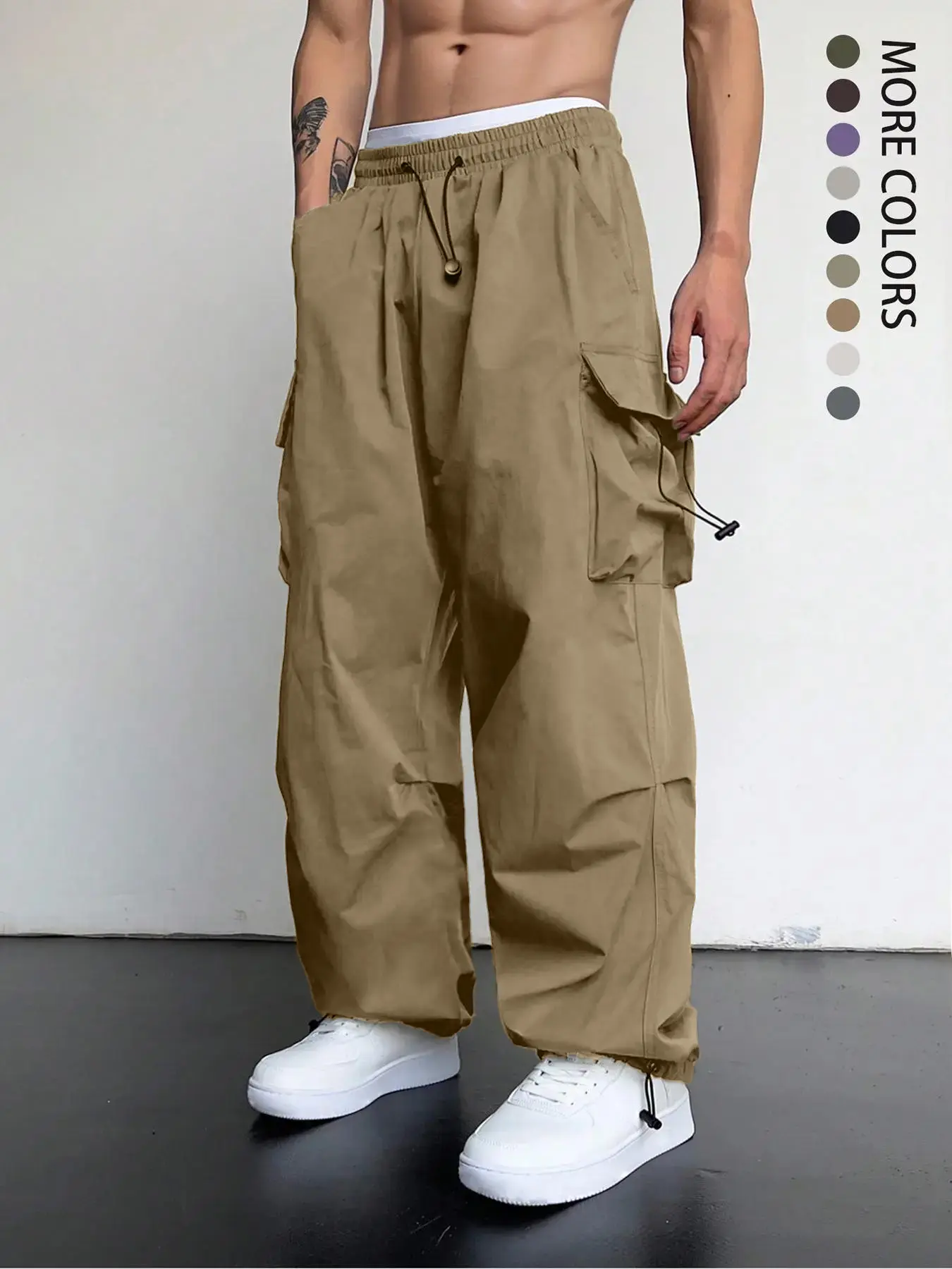 Men's Plain Pocket Drawstring Waist Cargo Pants, Loose Casual Wide Leg Trousers, Men's Bottoms, Spring Pants for Men, Drippy Outfits, Summer Outfits 2024, Going Out Outfits, Casual Streetwear Trousers, Casual Comfy Trouser
