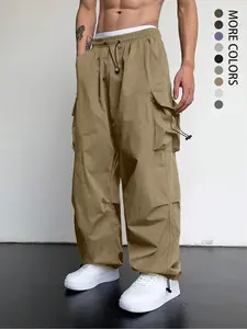 Men's Plain Pocket Drawstring Waist Cargo Pants, Loose Casual Wide Leg Trousers, Men's Bottoms, Spring Pants for Men, Drippy Outfits, Summer Outfits 2024, Going Out Outfits, Casual Streetwear Trousers, Casual Comfy Trouser