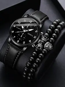 Men's Fashion Casual Pu Leather Digital Surface Quartz Watch, Casual Wristwatch, with Lion Bracelet Set, without Box, Fashion Exquisite Watch Set for Party, Trendy All-match Modern Watches Set for Birthday Gift