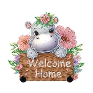 5D Diamond Arts Colorful Painting Kit, Hippo Pattern Wall Hook Kit, DIY Acrylic Special Shaped Diamonds Art Key Hook Holder, Home Wall Decor