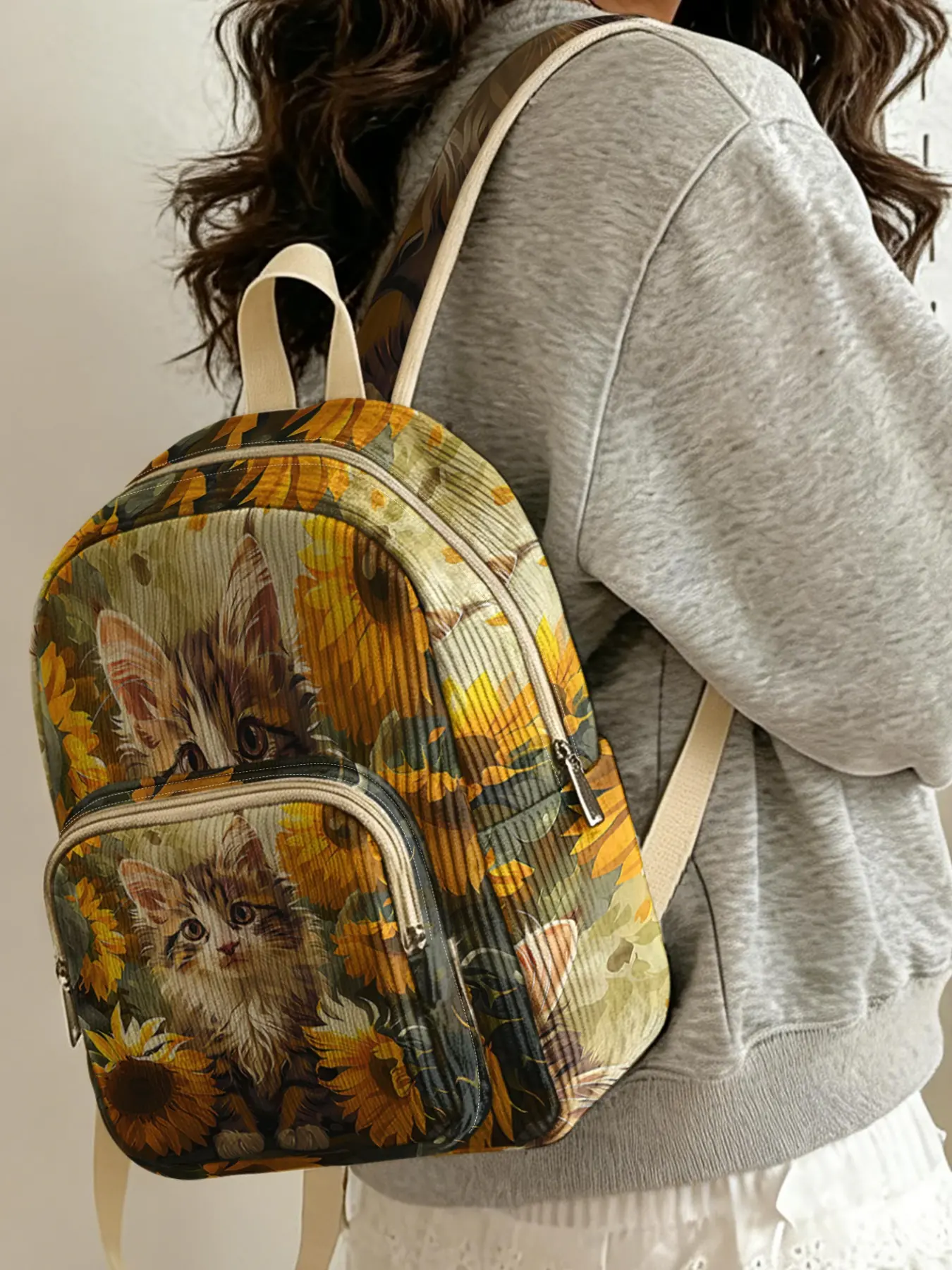 2D printed lady's backpack, Casual college backpack, Lightweight daily backpack, with a cat and sunflower pattern, velvet texture, layered storage, lightweight, suitable for students going to class/shopping/short trips