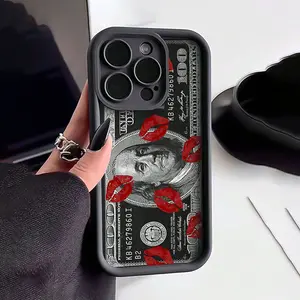 Black High Bamboo Coin and Red Lips Pattern TPU Case for iPhone 17 Pro Max 16 16e 15 14 Plus 13 12 Mini 11 Air X XS Straight Edge Drop-Resistant Rugged Durable Cover Shell Valentine's Day Gift 2D printing