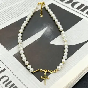 Pearl Cross Necklace for Women, Non Tarnish & Waterproof Pearl Necklaces, Trendy Easter Christian Faith Jewelry Gifts