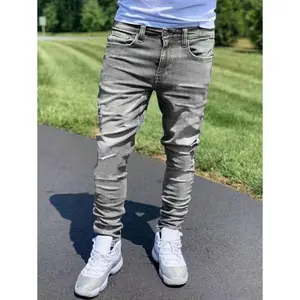1pc Men Gray Stretchy Slim-Fit Distressed Versatile Denim Jeans, Comfortable Casual Outdoor Utility Skinny Jeans, Suitable As Gift For Husband/Boyfriend For Daily Wear