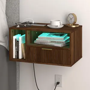 Floating Nightstand with  Station and LED Lights, Walnut Brown