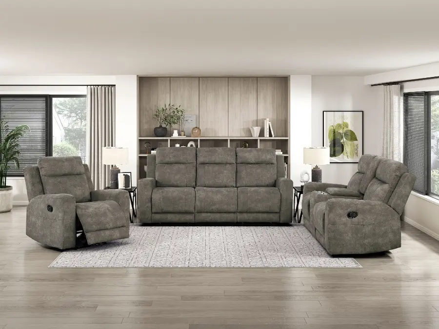Muncie 9635BR-2PC 2 pc Brown Textured Microfiber Motion Sofa and Love Seat Set with Cup Holder Console