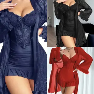 Women's 2-Piece Floral Lingerie Set - Vintage Corset Mesh Spaghetti Strap Camisole Dress, Long Sleeve Kimono Outer Robe Loungewear with Adjustable, Lightweight, Sheer Lace Soft Fabric