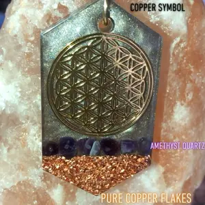 Copper and Quartz Orgonite Healing EMF Protection Necklace with Copper Symbol and Amethyst Quartz Accents