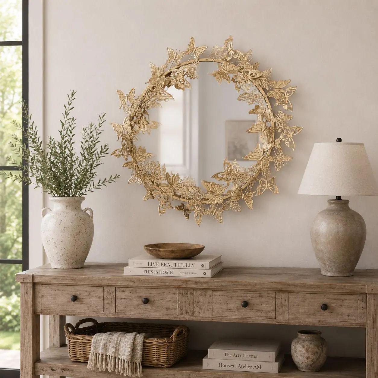 Gold Metal Butterfly 3D Layered Circle Wall Mirror for Home Decor, Light Entryway Use, 28" x 5" x 28"