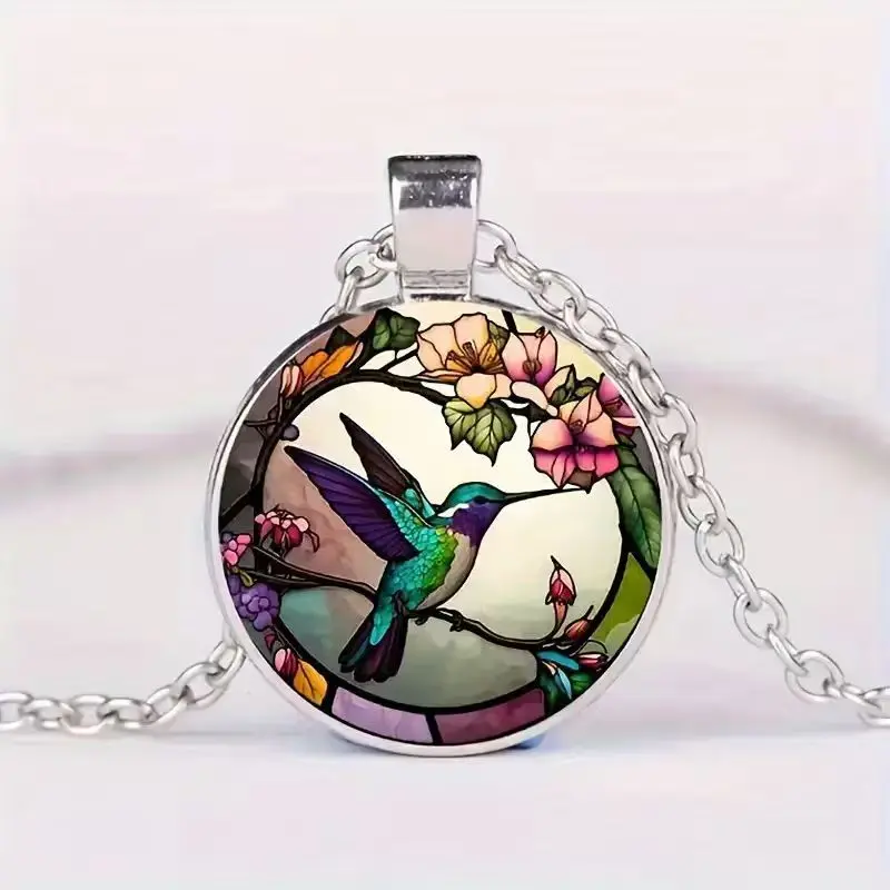 Women's Retro Stained Glass Hummingbird Pendant Necklace - Silver Chain, Round Time Gem, Floral Charm, Aesthetic Nature Animal Jewelry, Female Boho Accessory, Perfect Birthday Gift for Bird Lovers