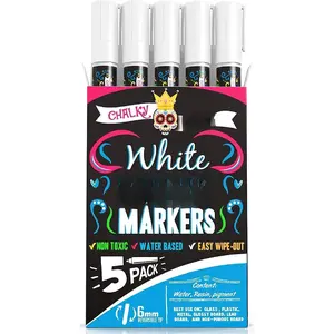 Liquid Chalk Marker Pen - White Drawing Chalk - Chalkboard Markers for Chalkboard Signs, Windows, Blackboard, Glass - 6mm Reversible Tip (5 Pack)