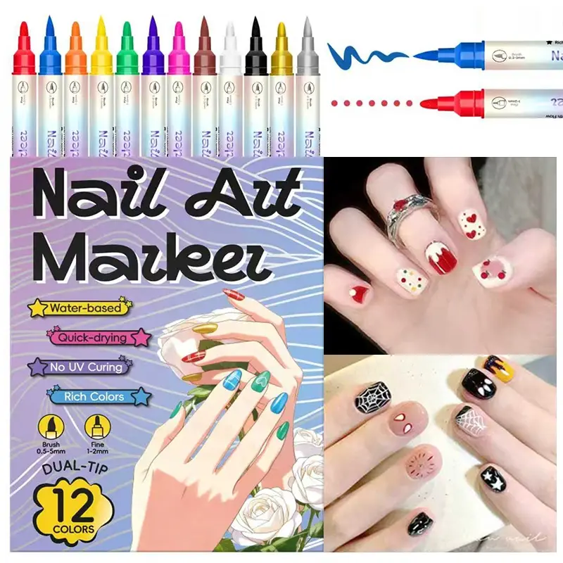 12/24 Color Dual-Head Cotton Core Nail Art Pen, Nail Art Markers, Doodle Drawing Brush, Professional Manicure Tool, DIY Nail Art Supplies, Nail Art Tools