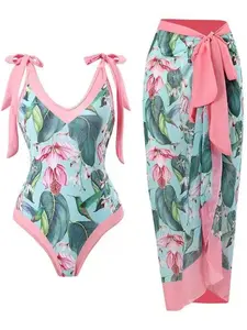 Women's V-Neck One-Piece Swimsuit Set, Slim-Fitting Belly Concealing Cover-Up Beach Dress, Stylish Swimwear for Summer