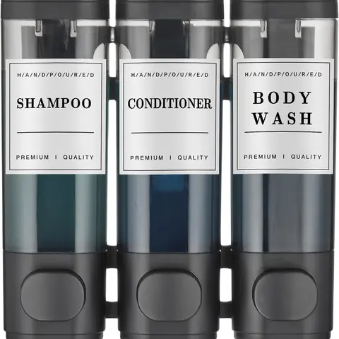Zoronk 3-Chamber No-Drill Wall-Mounted Shampoo Conditioner Dispenser - Durable Anti-Drop Corrosion-Resistant ABS Press-Down Soap Container, Lockable Leak-Proof Large-Capacity Bathroom Accessory, Black
