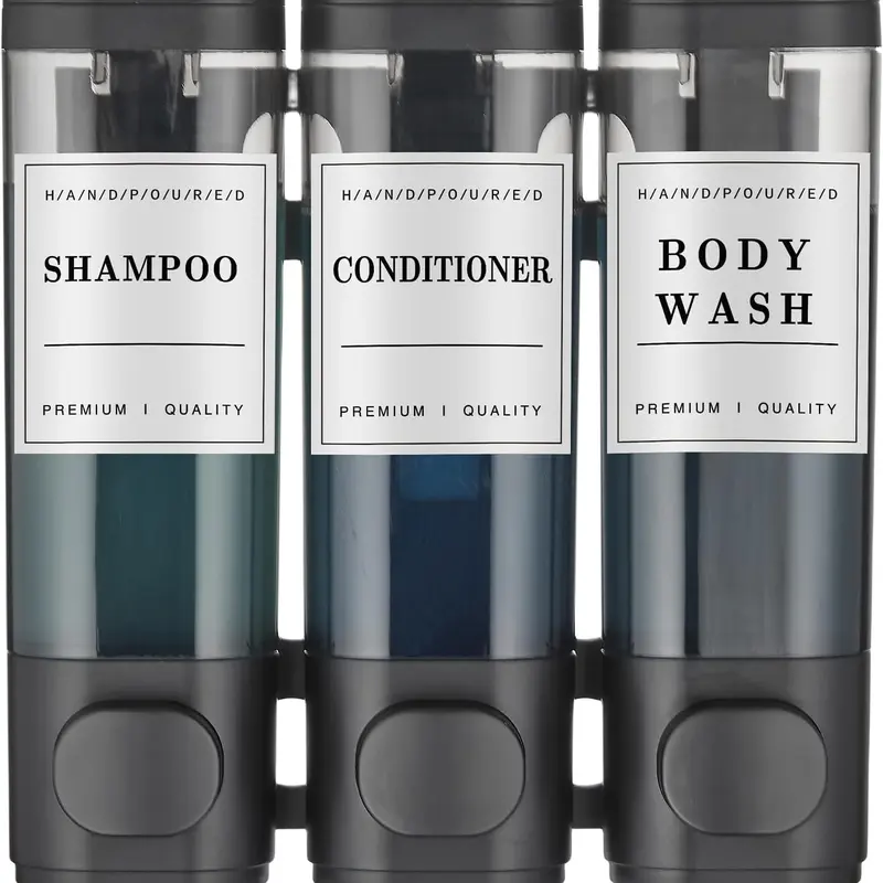 Zoronk 3-Chamber No-Drill Wall-Mounted Shampoo Conditioner Dispenser - Durable Anti-Drop Corrosion-Resistant ABS Press-Down Soap Container, Lockable Leak-Proof Large-Capacity Bathroom Accessory, Black