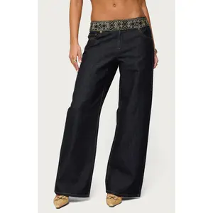 Edikted Women's Carlie Embroidered Low Rise Wide Leg Jeans