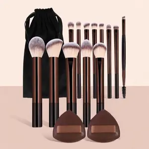 17Pcs Professional Face Makeup Brush Set with Portable Storage Bag, Soft Synthetic Bristles Cosmetic Brushes Kit for Foundation Blush Eyeshadow, Brown Makeup Tools for Women Girls