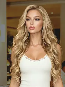 Beige Blonde Highlight Wavy Lace Front Wig 28" Heat-Resistant Synthetic Hair 13x4 HD Transparent Lace Free Parting Pre-Plucked Hairline for Women Daily Wear Synthetic Fiber Wig Synthetic Hair Wigs