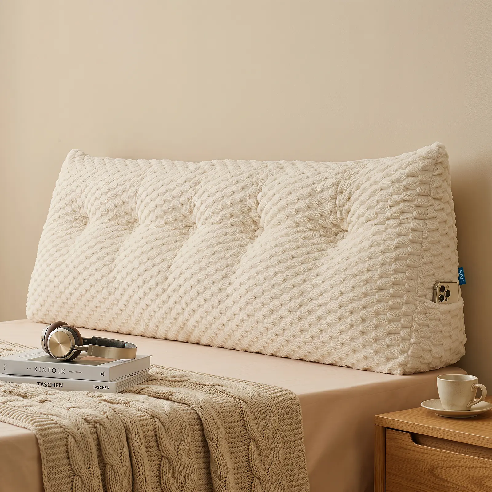 VIZIM,Full/Queen Bed Wedge Pillow for Reading,  Ergonomic Headboard Backrest Support Cushion with 2 Side Pockets, Crystal Velvet Soft Long Body Pillow for Bed Sofa Daybed